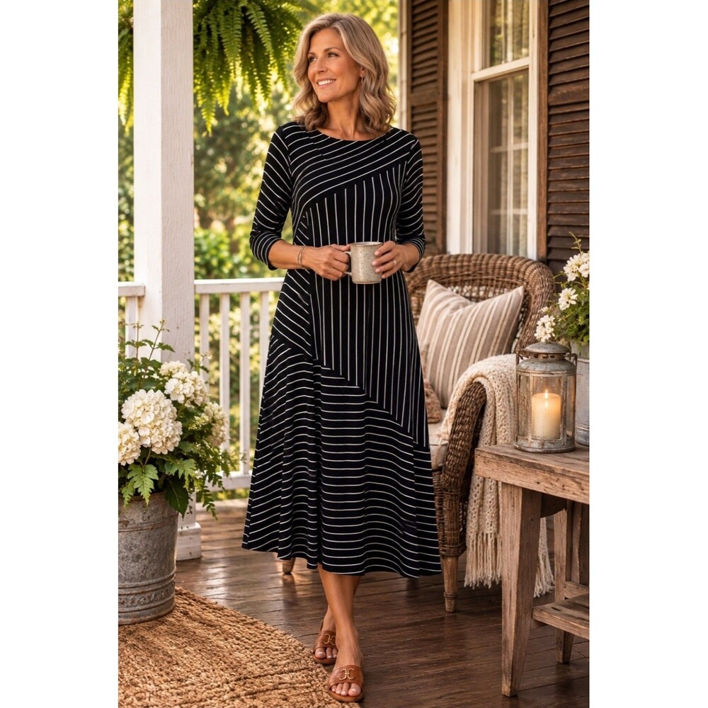 Womens Soft Surroundings Black And White Multi-directional Stripe A-line Midi